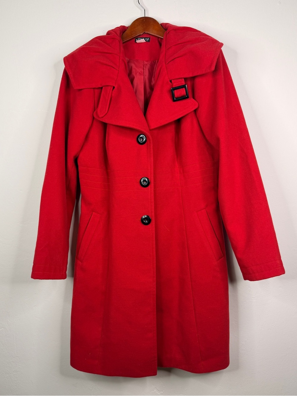 Venus Red Hooded Wool Blend Coat Size 14 Oversized Collar Lined Winter Jacket